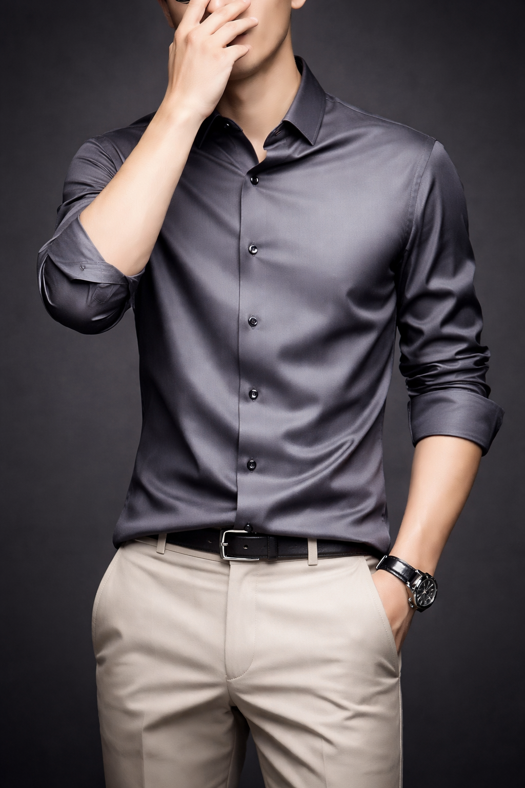 Men's Formal Grey Satin Shirt | Solid Full Sleeve Dress Shirt with Contrast Collar